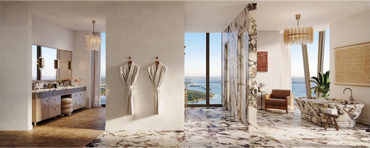 Villa Triplo Penthouse primary bath — Greige Onyx porcelain, travertine floors, oversized soaking tub against bayfront windows.