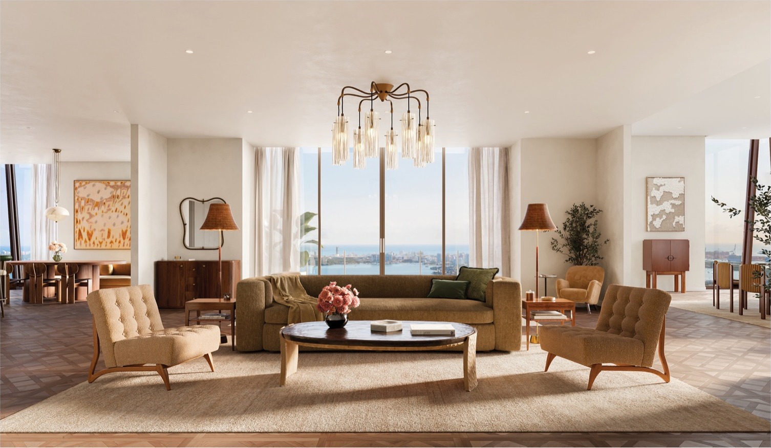 Villa Triplo Penthouse great room — double-height living space with sweeping 360° views of the bay, ocean, and Miami skyline.