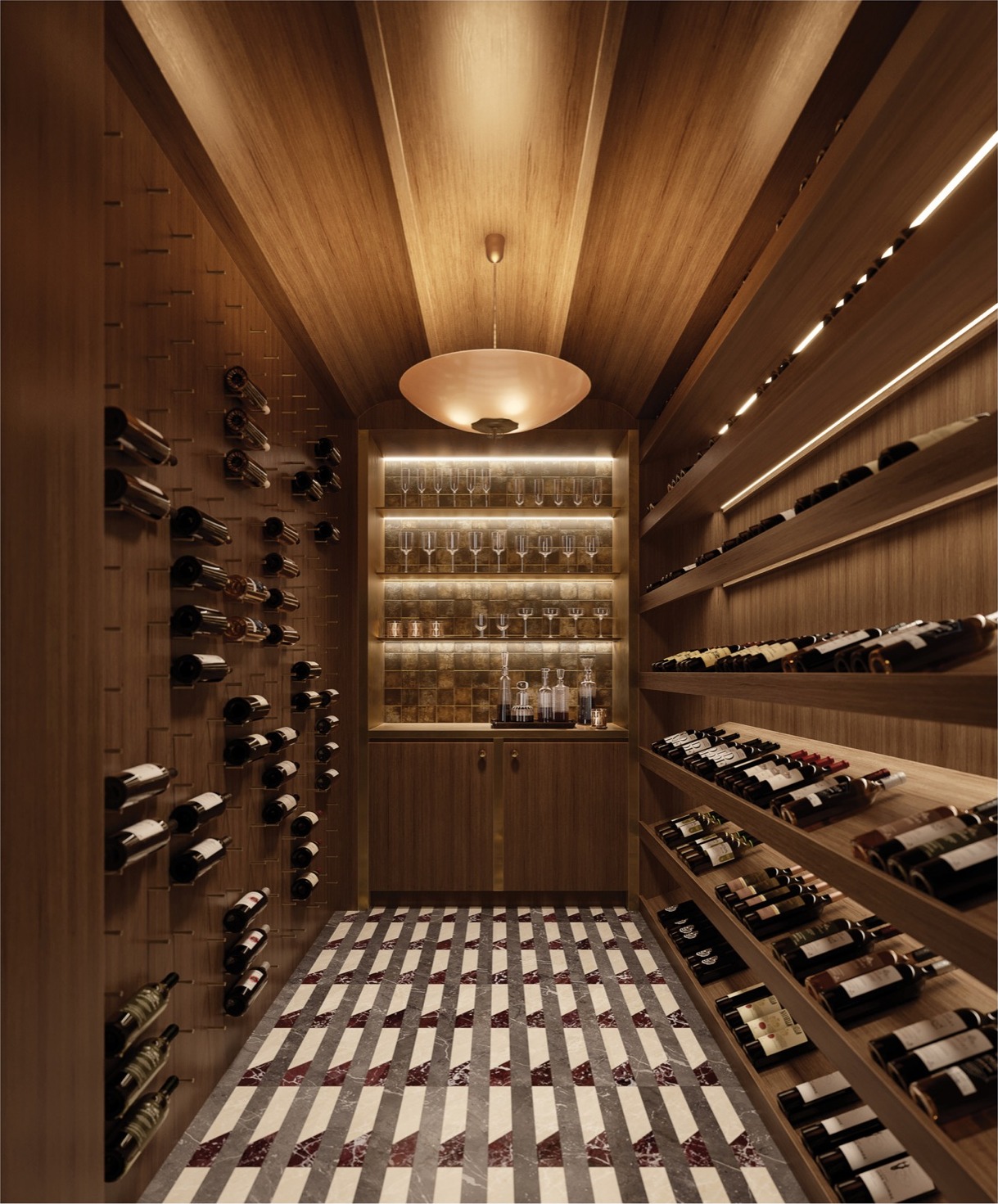 Villa Triplo Penthouse wine room — temperature-controlled cellar with custom Italian cabinetry.